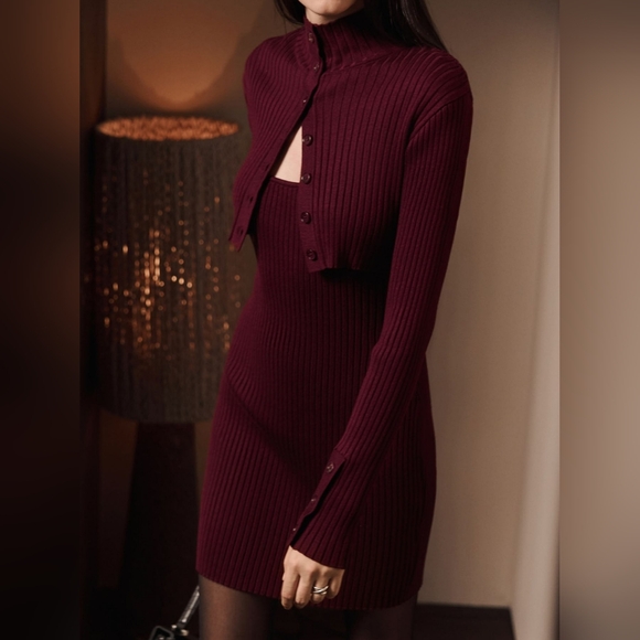 Elegant Wine Red Ribbed Knit Button-Up Cardigan and Dress Sweater Set - Picture 10 of 12